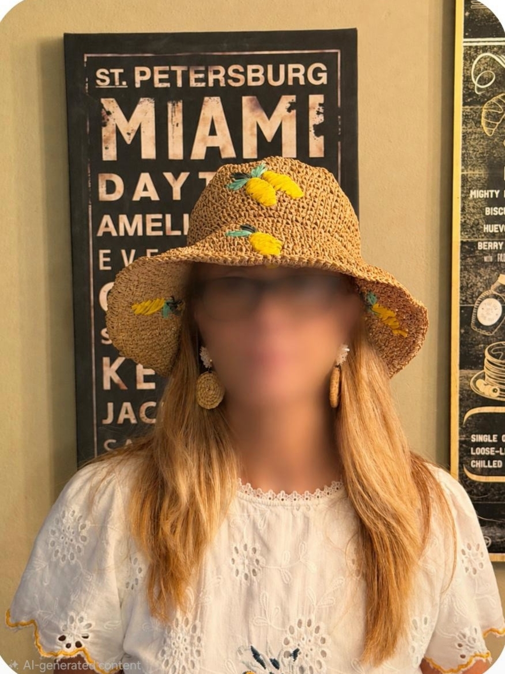 Urban Outfitters Fruit Woven Straw Bucket Hat Pineapple Lemon Yellow Summer Vibe